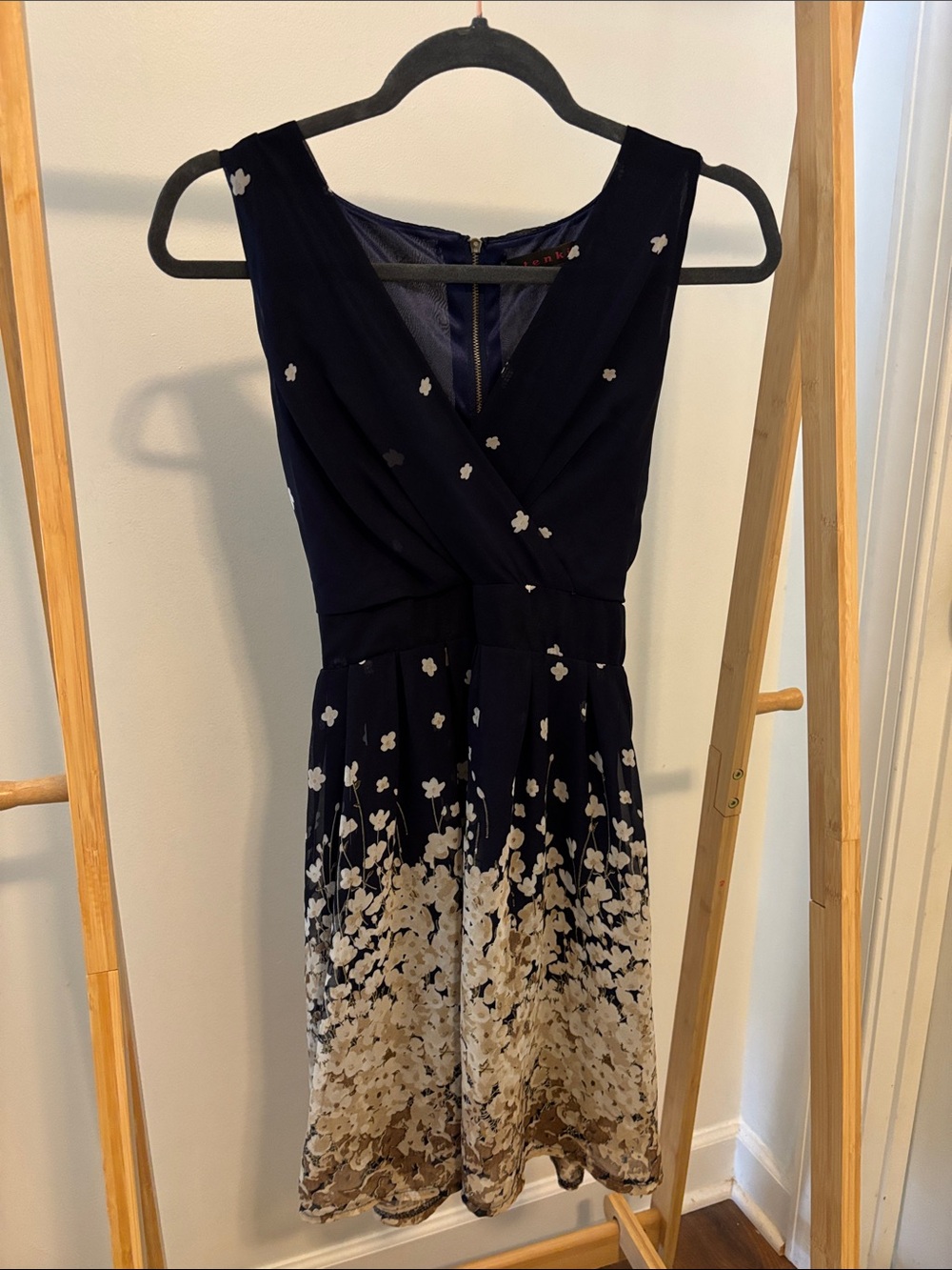 Navy Sleeveless V-Neck Mini Dress with Cream Floral Ombre